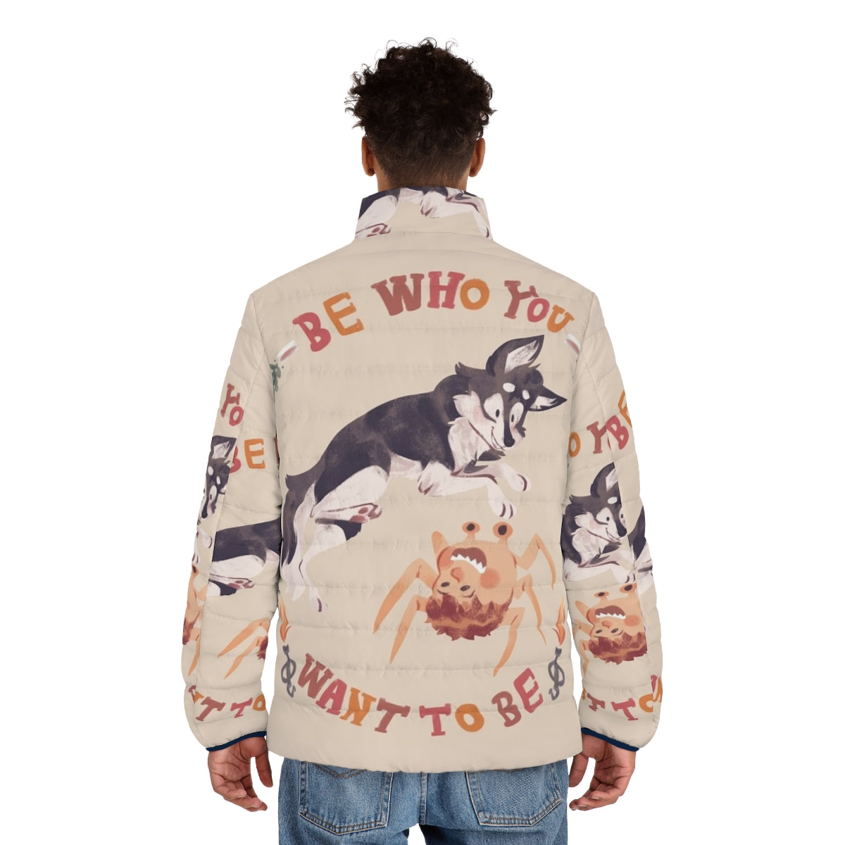 Be Who You Want to Be Puffer Jacket - Horror movie inspired outerwear with dog motif - men back