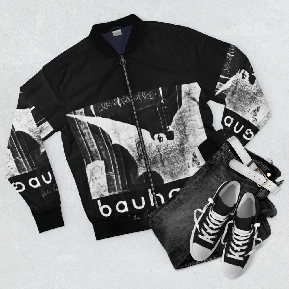 Retro Bauhaus inspired 80s horror bomber jacket with black and white artwork - Flat lay