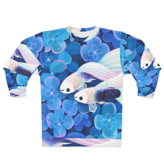 White tuxedo guppy sweatshirt featuring a cute tropical fish design