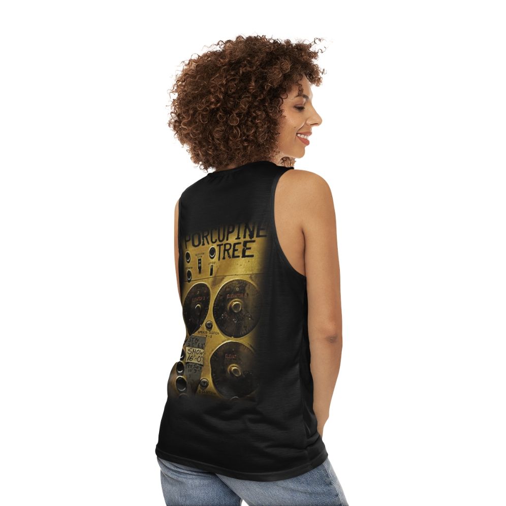 Retro unisex tank top with incidental machinery design - women back