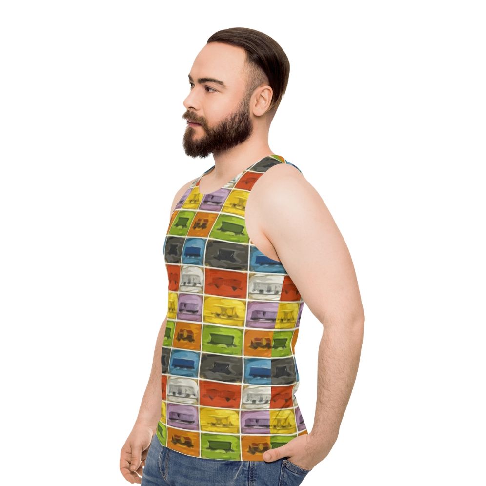 Retro gaming unisex tank top with Ticket to Ride the Trains design - men side