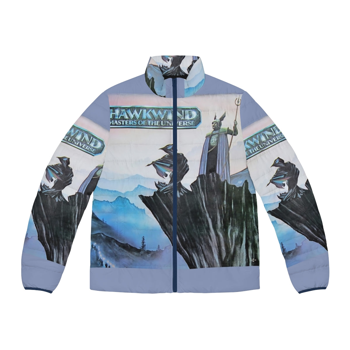 Retro Hawkwind Masters of the Universe 1977 puffer jacket with psychedelic design