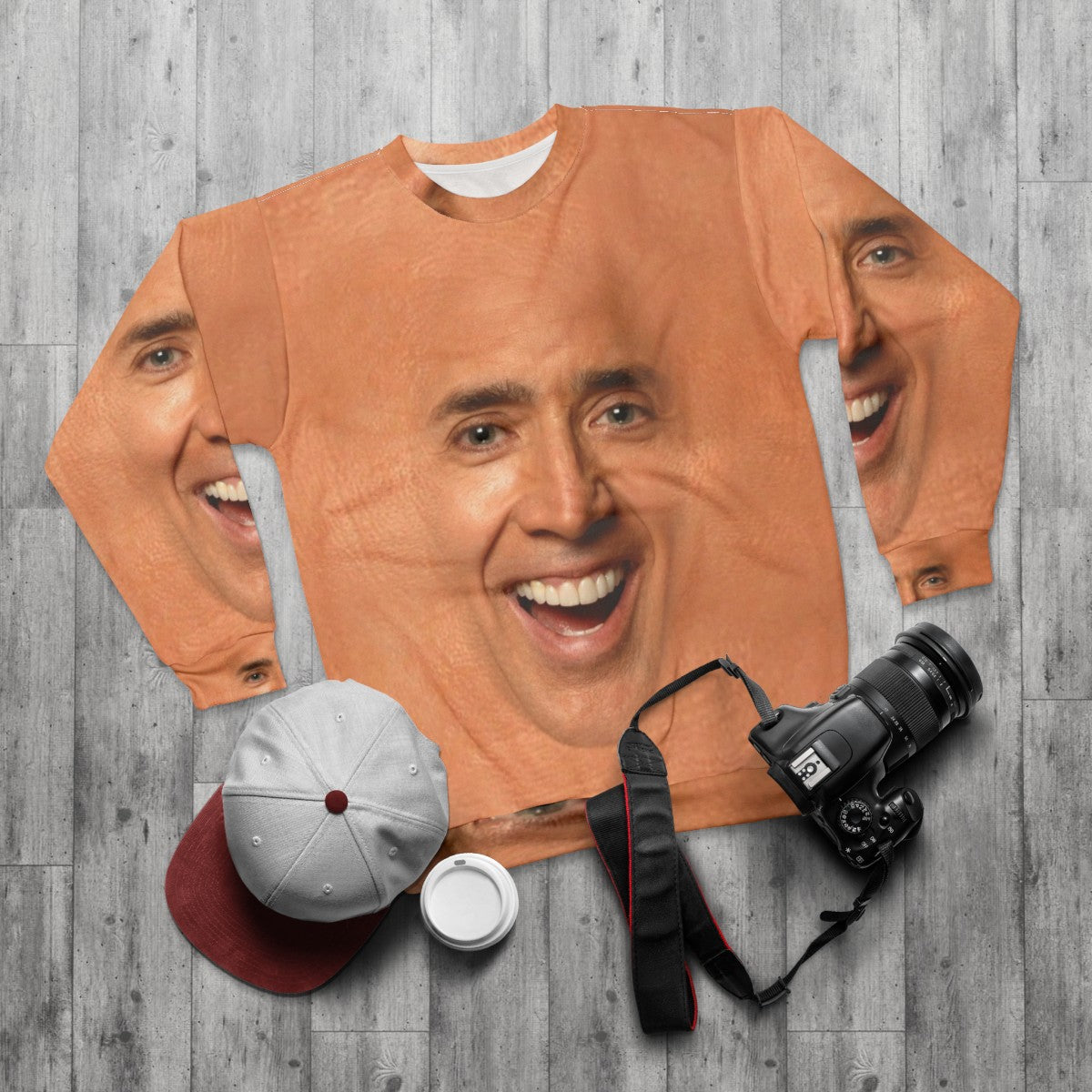 Nicolas Cage Sweatshirt with Funny Graphic - flat lay