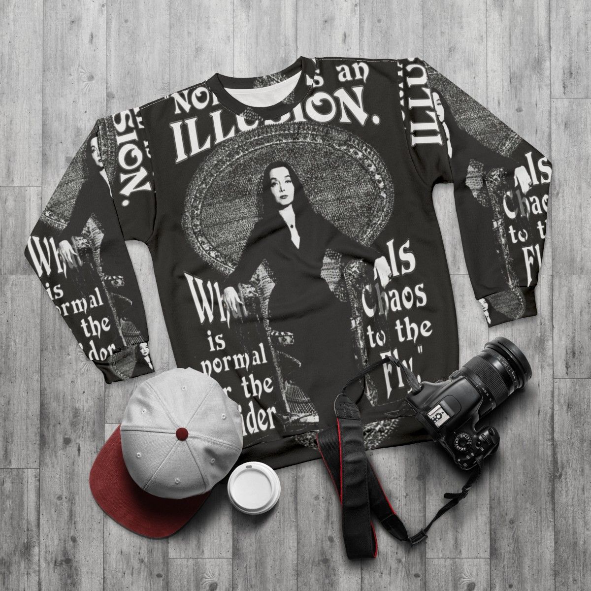 Morticia Addams "Normal Is An Illusion" Sweatshirt - flat lay