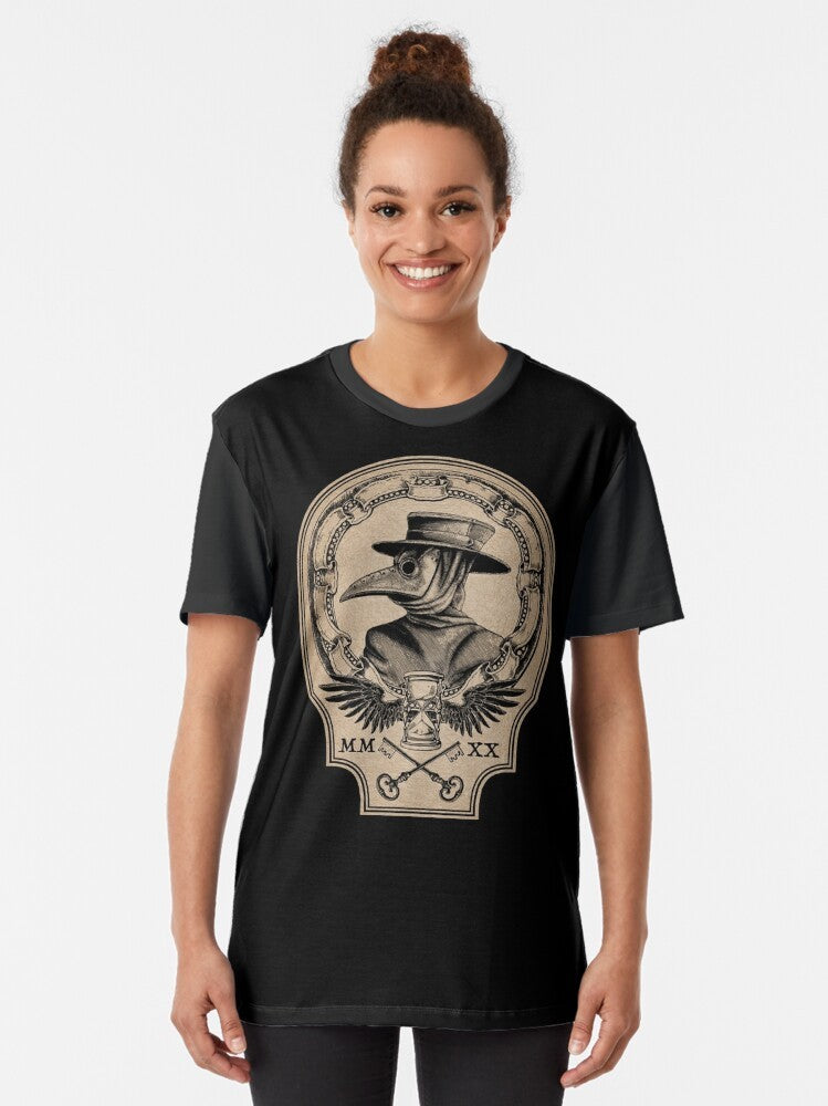 Vintage graphic t-shirt with plague doctor, raven, and medieval gothic design elements - Women