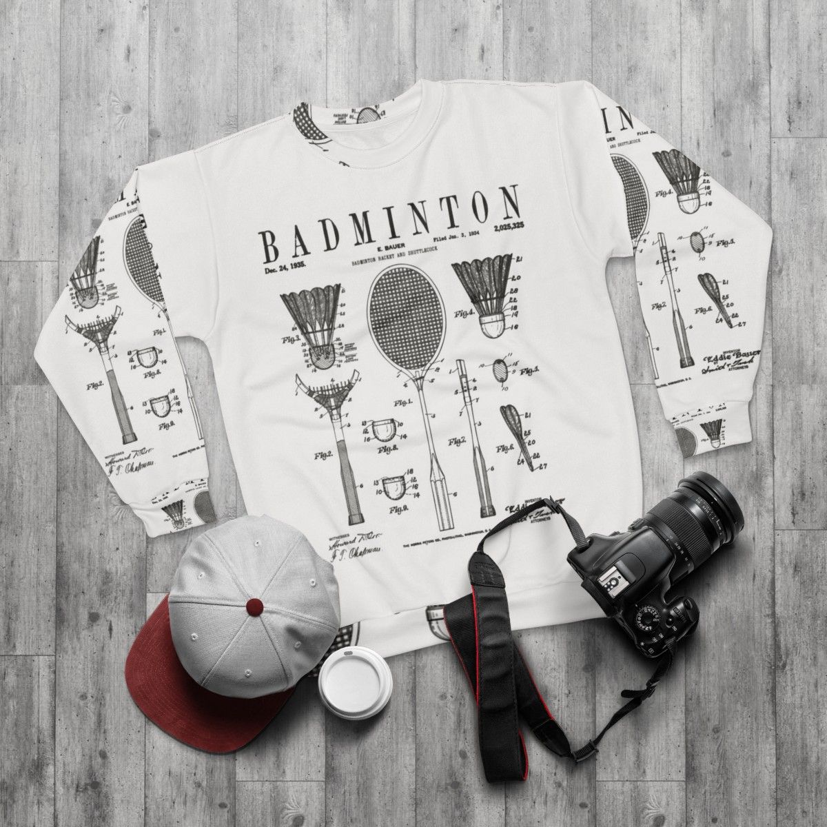 Vintage Badminton Patent Art Print Sweatshirt - flat lay