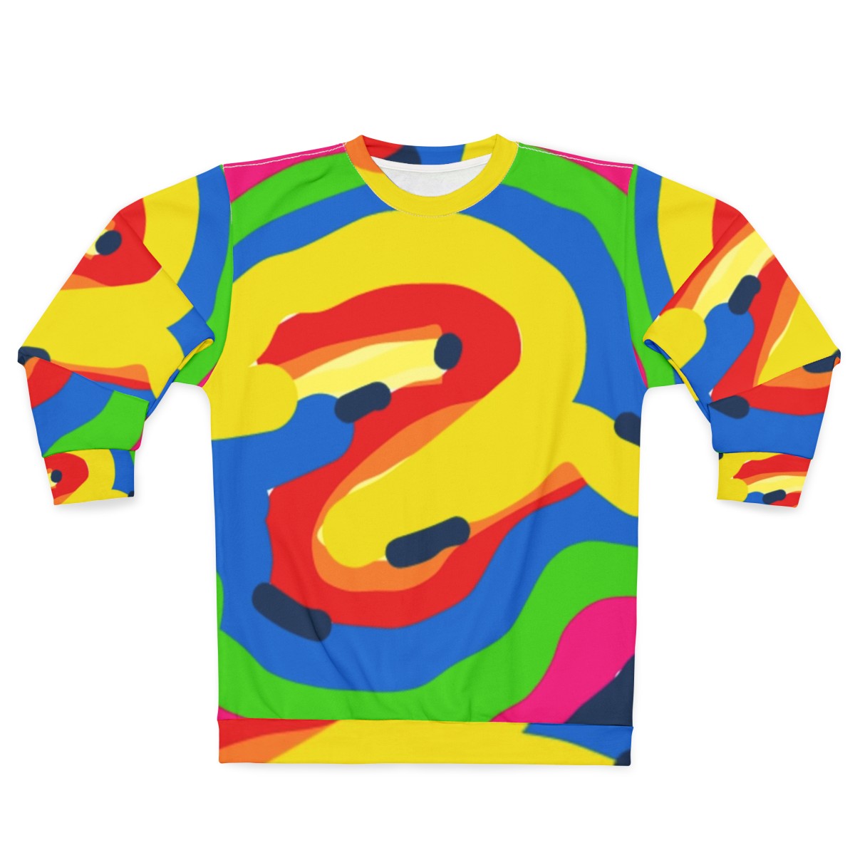 Colorful graphic sweatshirt with various patterns and designs