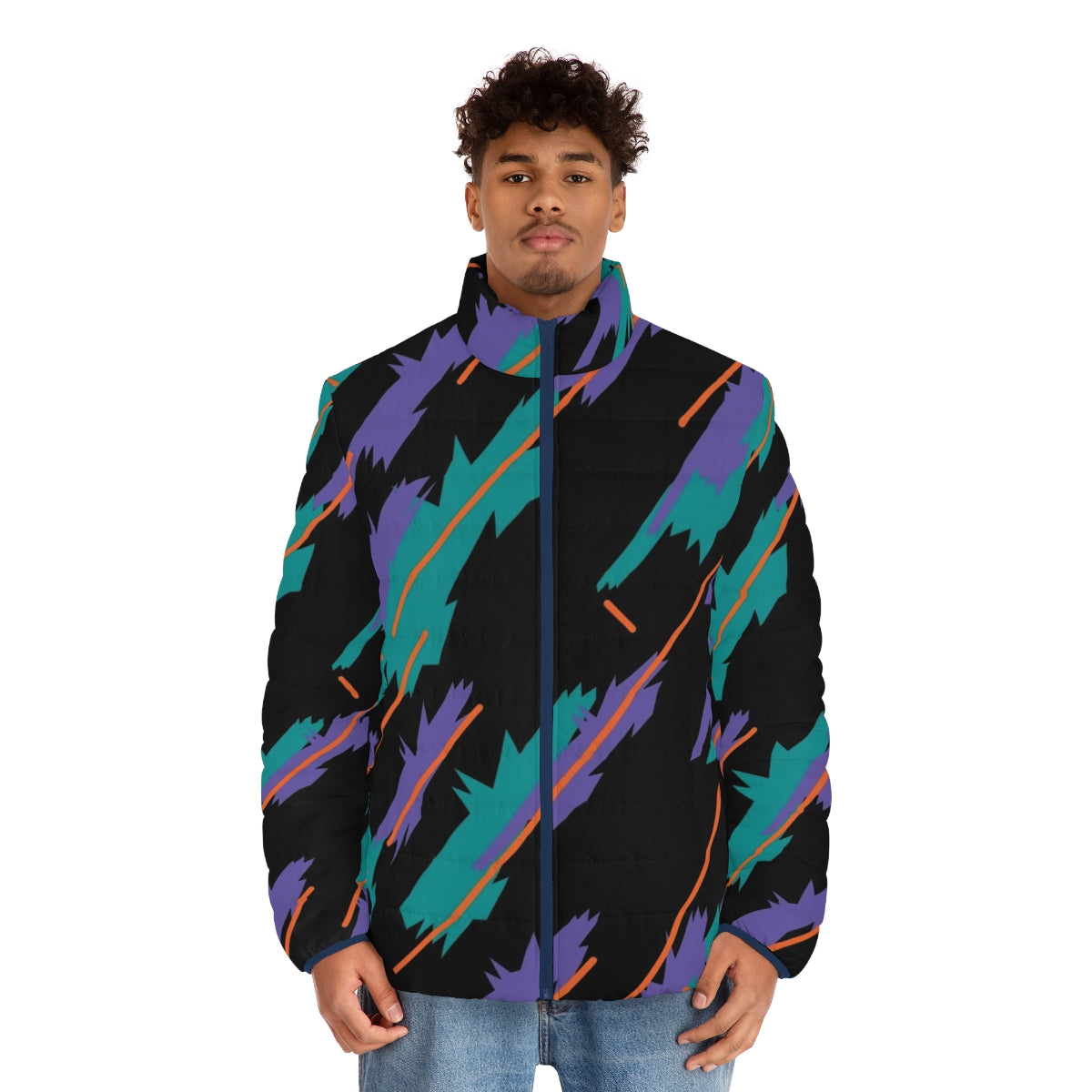 HKS Tribute Livery Pattern Puffer Jacket, featuring iconic JDM tuner car design - men front