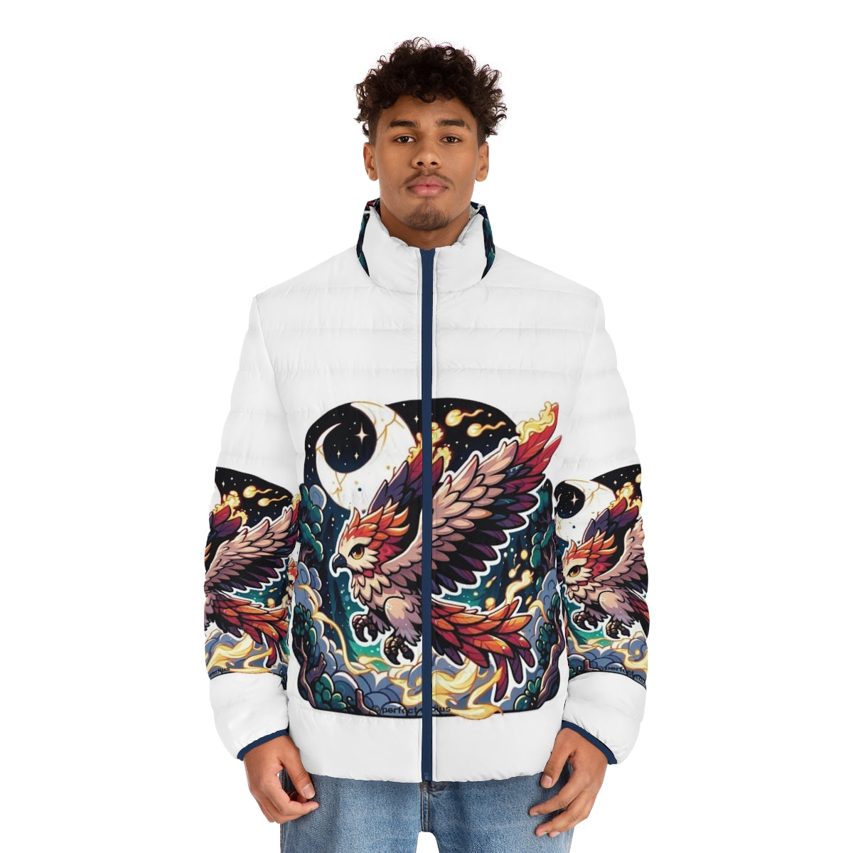 Mythical phoenix and thunderhawk design on a cozy fantasy puffer jacket - men front