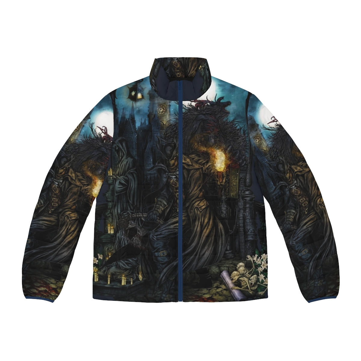 Bloodborne The Hunt Puffer Jacket featuring the iconic Bloodborne logo and design