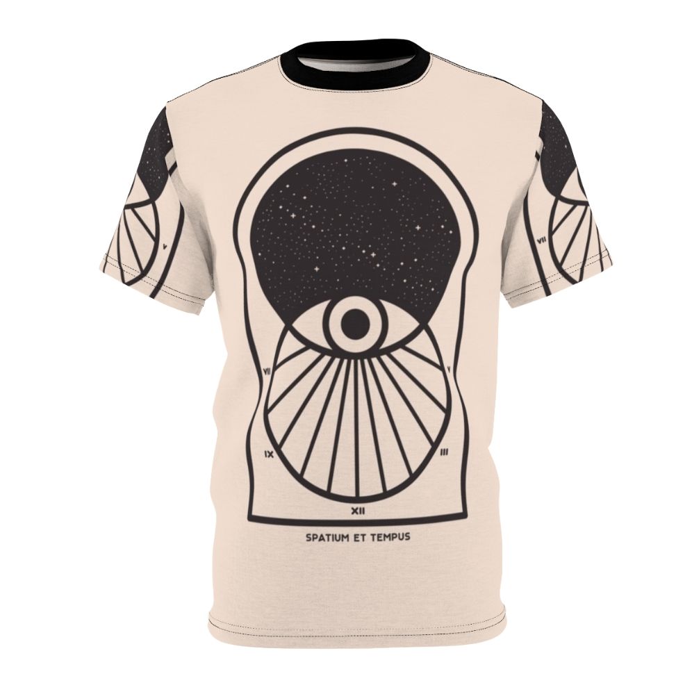 Minimalist graphic t-shirt design featuring space, time, and cosmic elements in a black and white, geometric style.