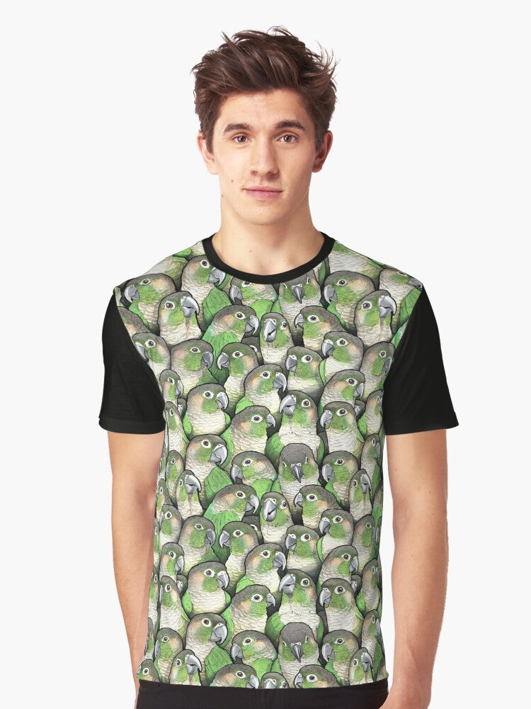 Colorful illustration of a green cheeked conure parrot on a t-shirt - Men