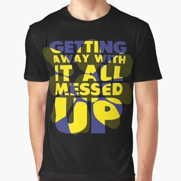 "Getting Away With It" graphic t-shirt featuring the James band logo in blue and yellow colors