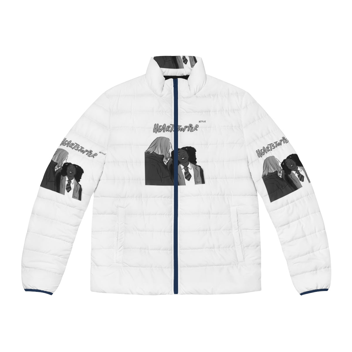 Heartstopper Tara and Darcy puffer jacket featuring the characters from the Netflix series