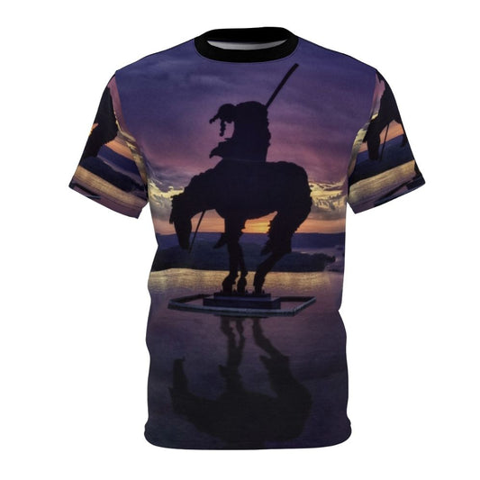 Vibrant t-shirt design featuring silhouetted native American warrior on horseback against a dramatic sunset sky