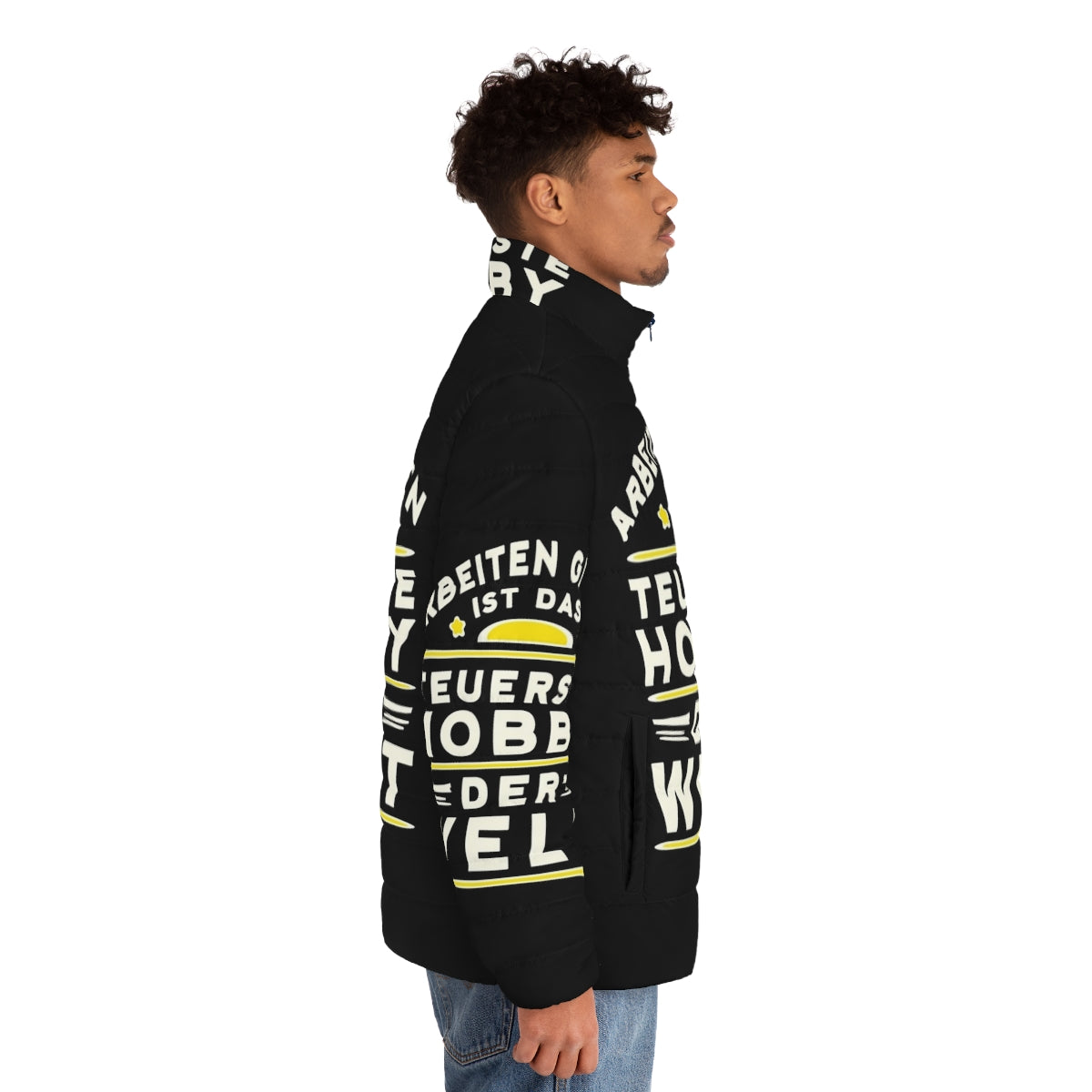 Hobbies puffer jacket with conspiracy and politics themed design - men side right