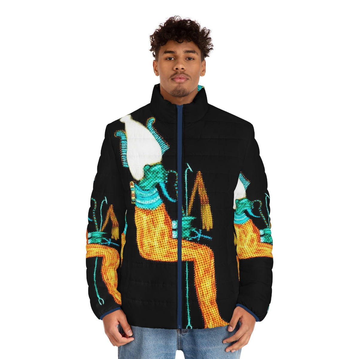 Osiris Modern Art Puffer Jacket with ancient Egyptian inspired design - men front