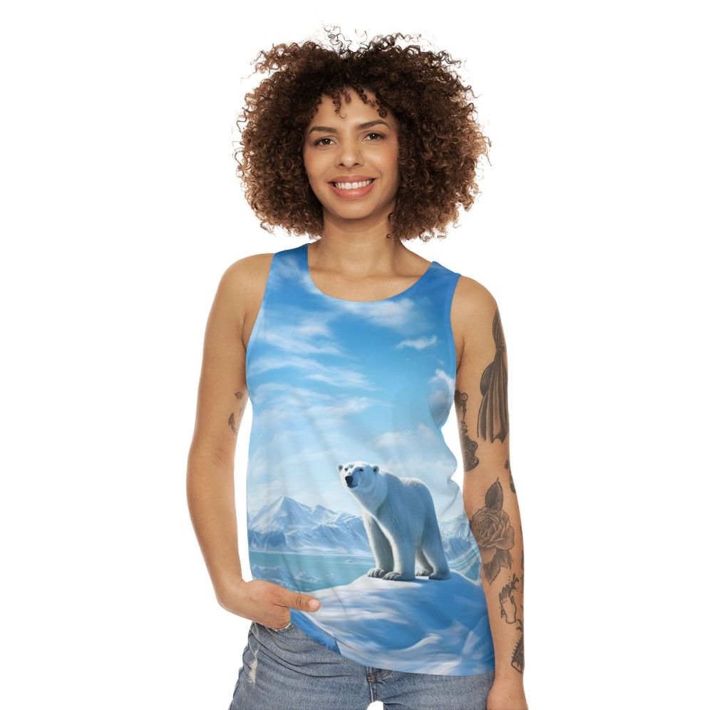 Unisex tank top featuring a breathtaking arctic landscape with a polar bear - women