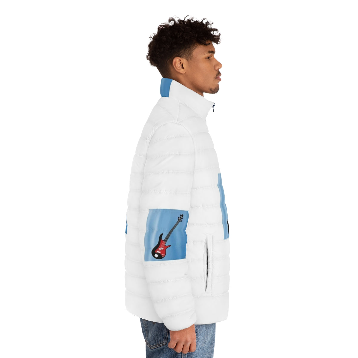 A puffer jacket with a musical design, featuring a guitar and notes, perfect for music enthusiasts. - men side right