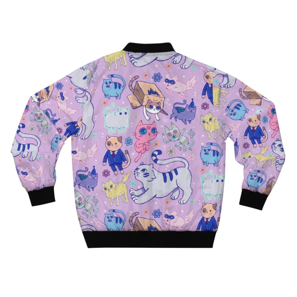 A colorful bomber jacket featuring an adventure time-inspired cat and flower pattern design. - Back