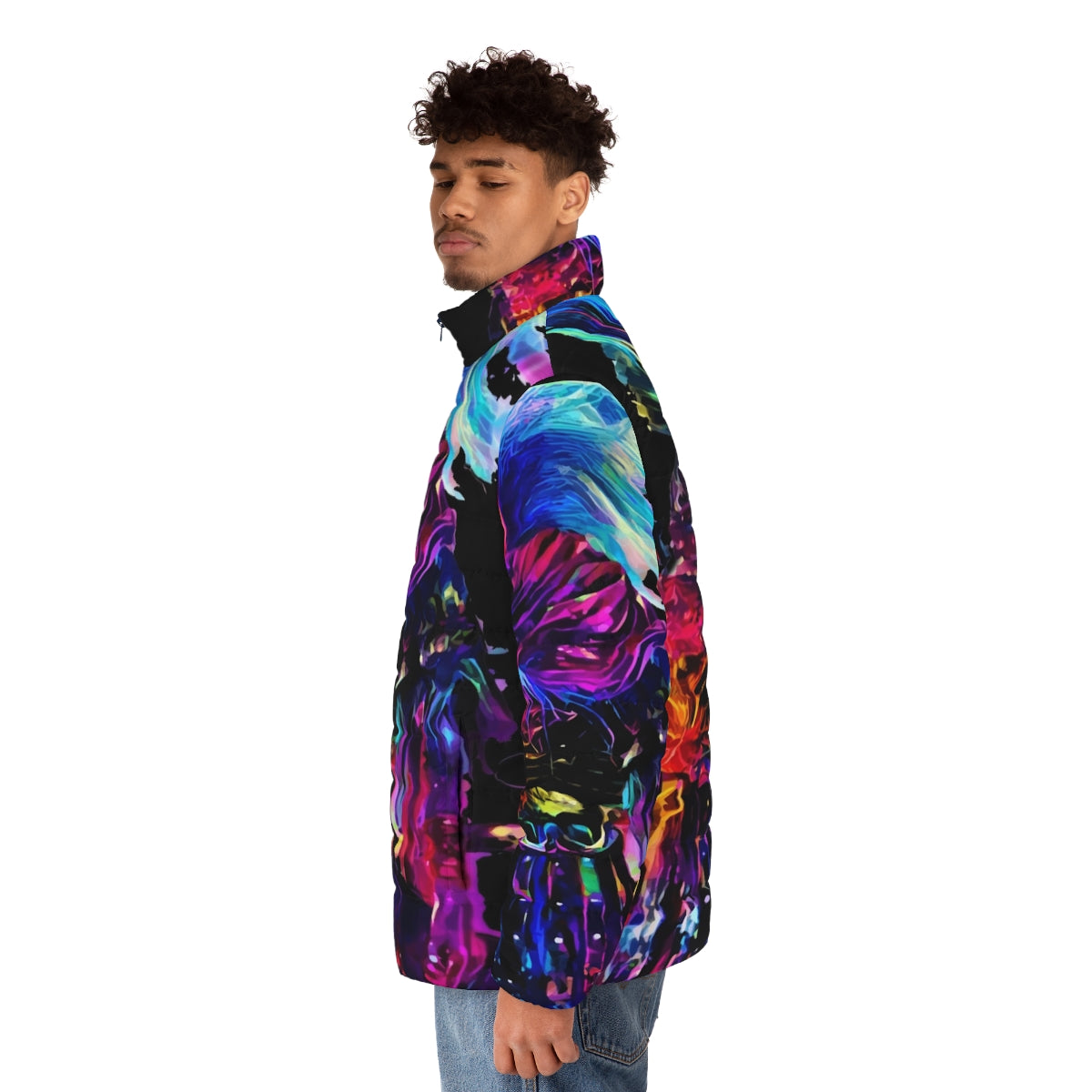 Nameless Synthwave King Puffer Jacket featuring a retro-futuristic, cyberpunk design. - men side left