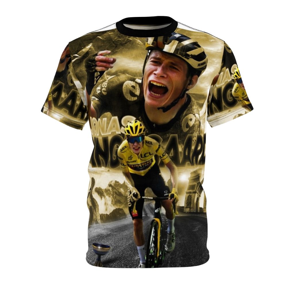 A high-quality t-shirt featuring a cycling design inspired by Jonas Vingegaard's 2022 Tour de France victory