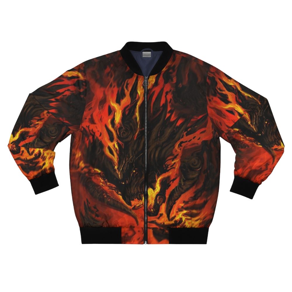 Fiery devil-inspired bomber jacket with flames and red accents