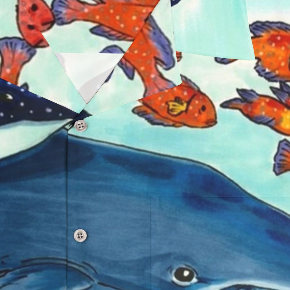 Colorful Hawaiian shirt with blue whales and other ocean life - Detail