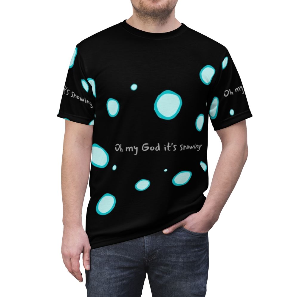 Heartstopper inspired all-over-print t-shirt featuring the "Oh My God, It's Snowing" design - men front