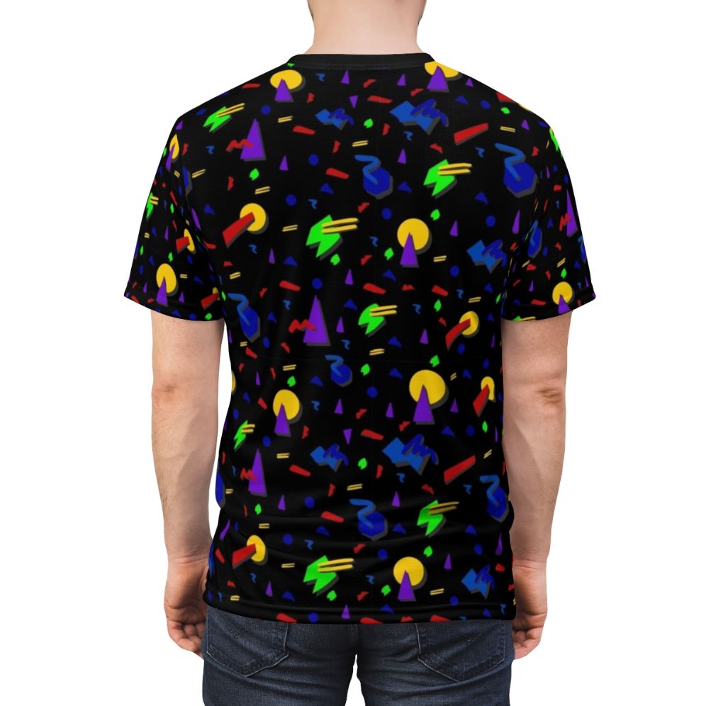 Vibrant 90s inspired graphic t-shirt with a glow in the dark, blacklight reactive confetti pattern design - men back