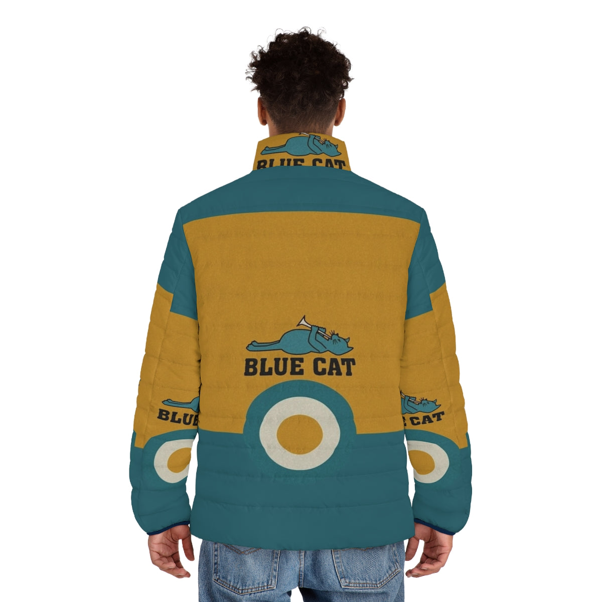 A stylish blue puffer jacket featuring a cat design, perfect for music lovers and retro fashion enthusiasts. - men back