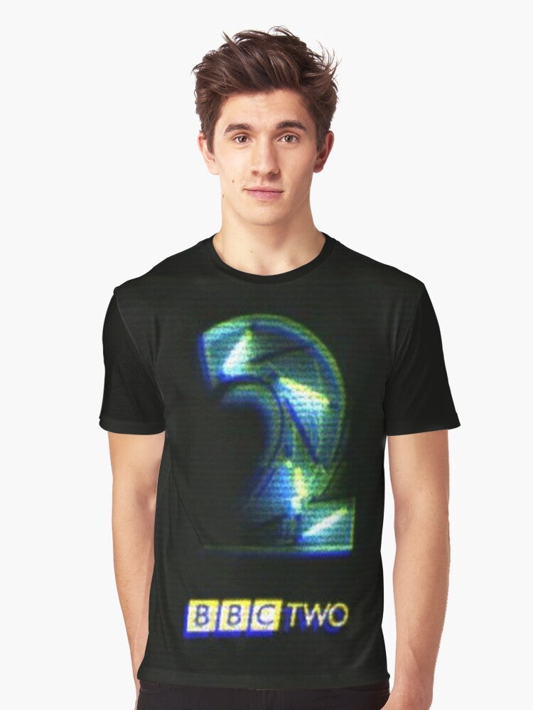 Vibrant neon BBC 2 logo graphic on a retro-style t-shirt for 90s fans - Men