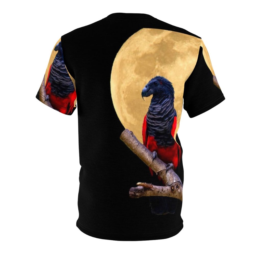 Illustration of a parrot wearing a Dracula costume against a crescent moon on a black t-shirt - Back