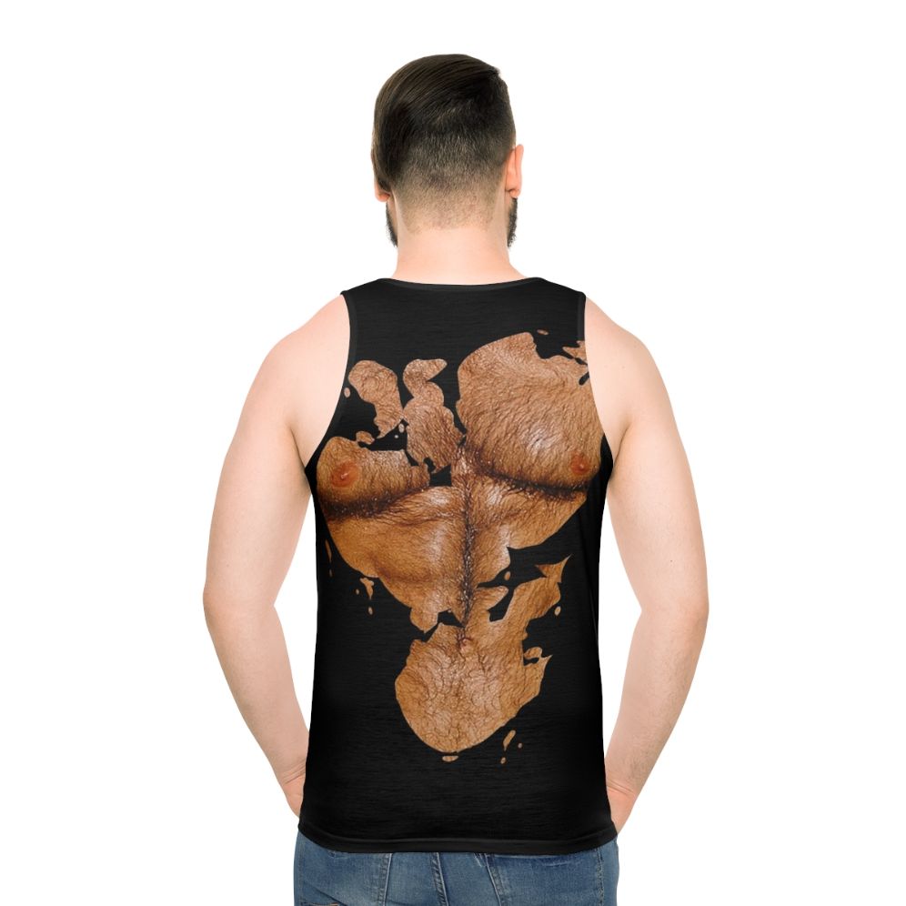 Muscular hairy chest man wearing a unisex fitness tank top - men back