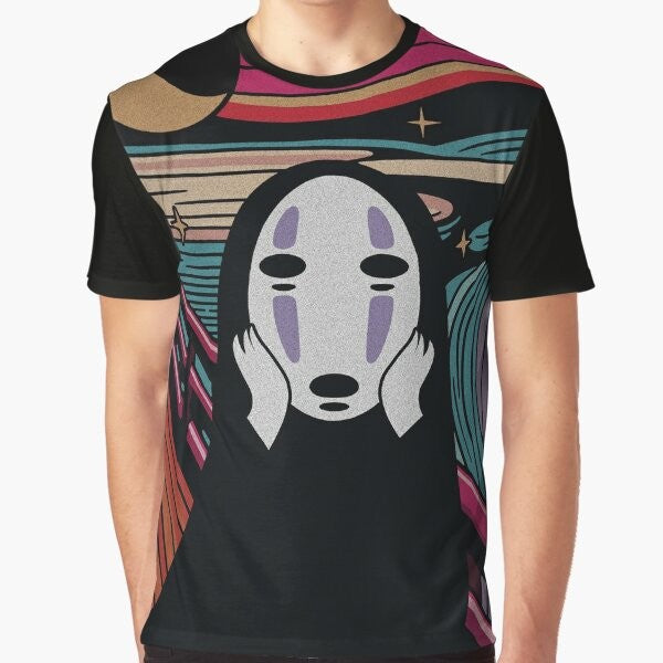 A graphic t-shirt with a design inspired by the iconic "The Scream" painting and the beloved anime film "Spirited Away" from Studio Ghibli.