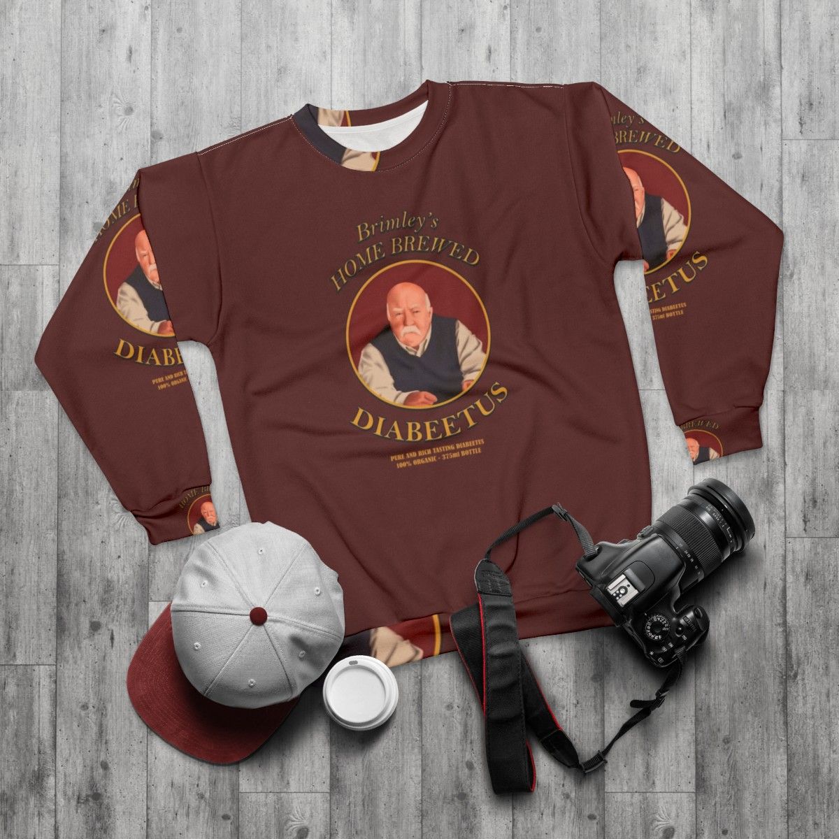 Diabeetus Retro Sweatshirt with Wilfred Brimley Design - flat lay