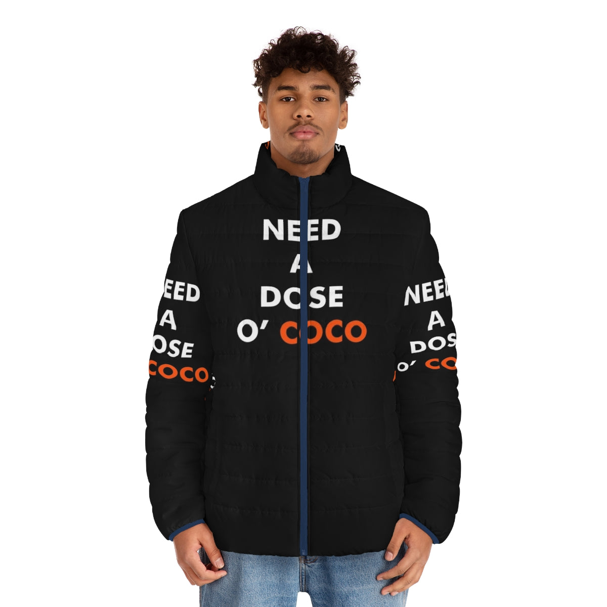 Conan O'Brien inspired 'Need a Dose O Coco' puffer jacket - men front