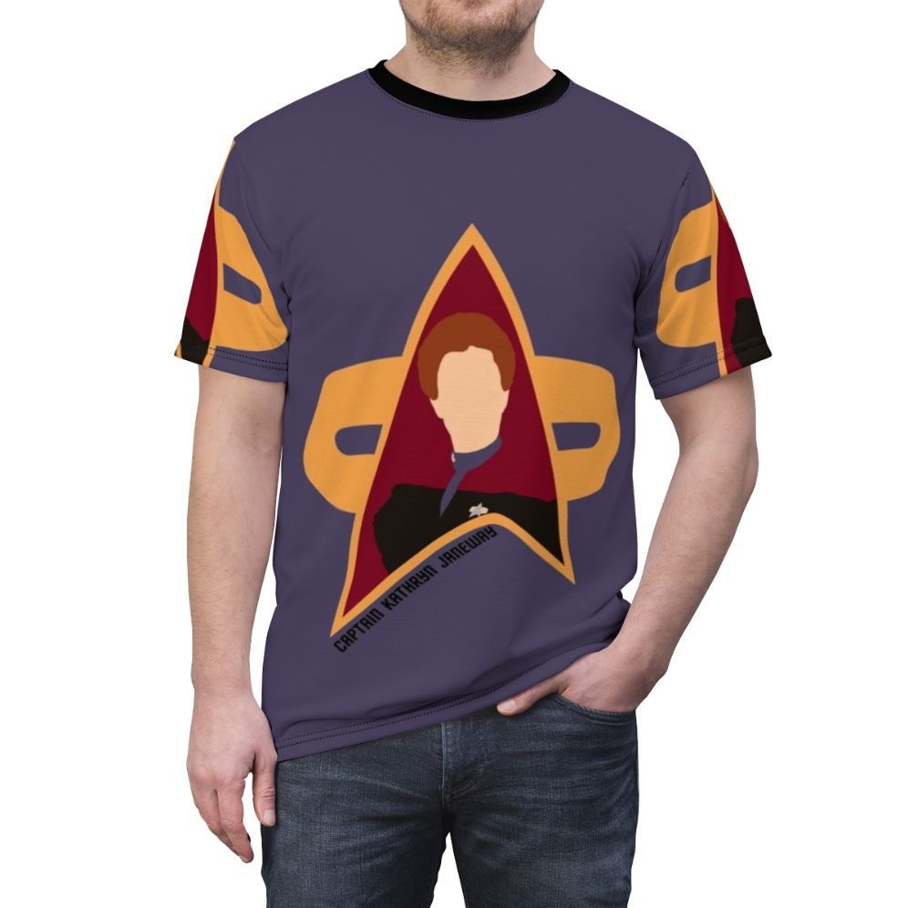 Captain Janeway inspired Star Trek Voyager themed t-shirt with captain insignia and delta quadrant design - men front