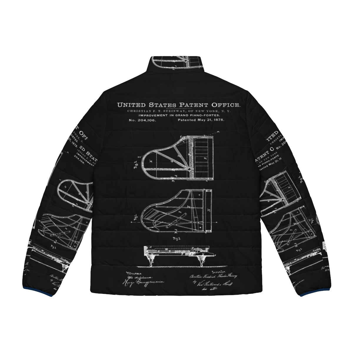 A white puffer jacket with a Steinway piano patent design, perfect for music lovers and pianists. - Back