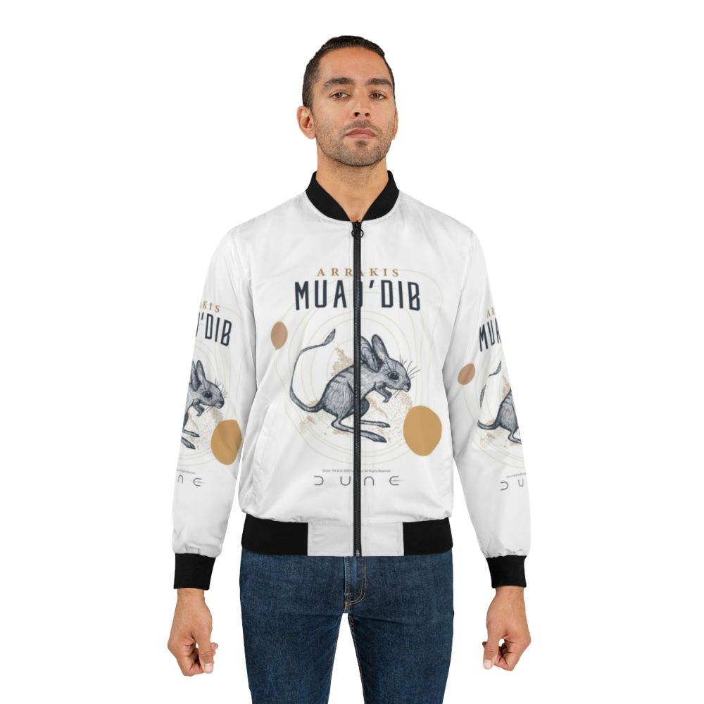 Dune 2020 Muad'Dib Bomber Jacket featuring the symbol of the Fremen and the sands of Arrakis - Lifestyle