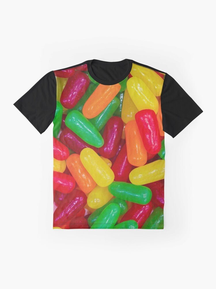 Colorful Mike and Ikes candy graphic on a t-shirt - Flat lay