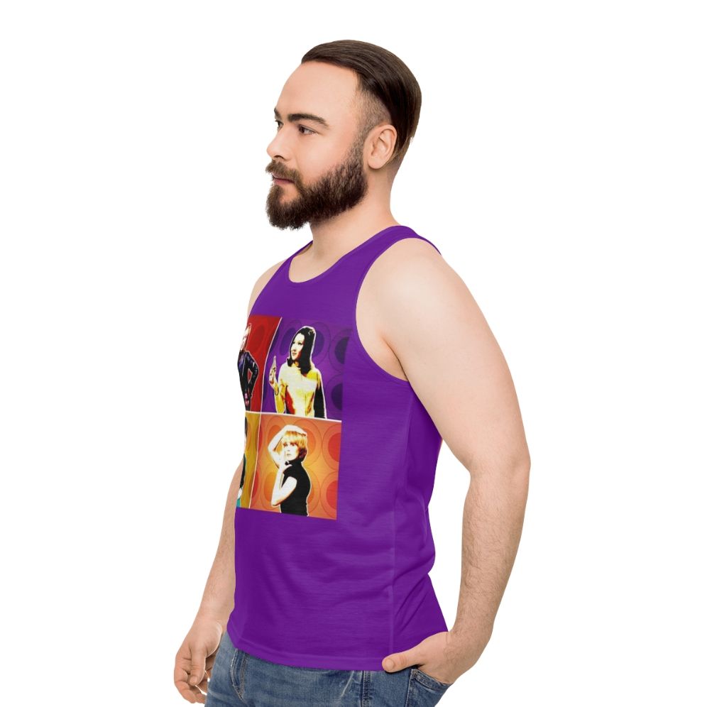 Unisex tank top featuring pop art designs of classic TV heroines - men side