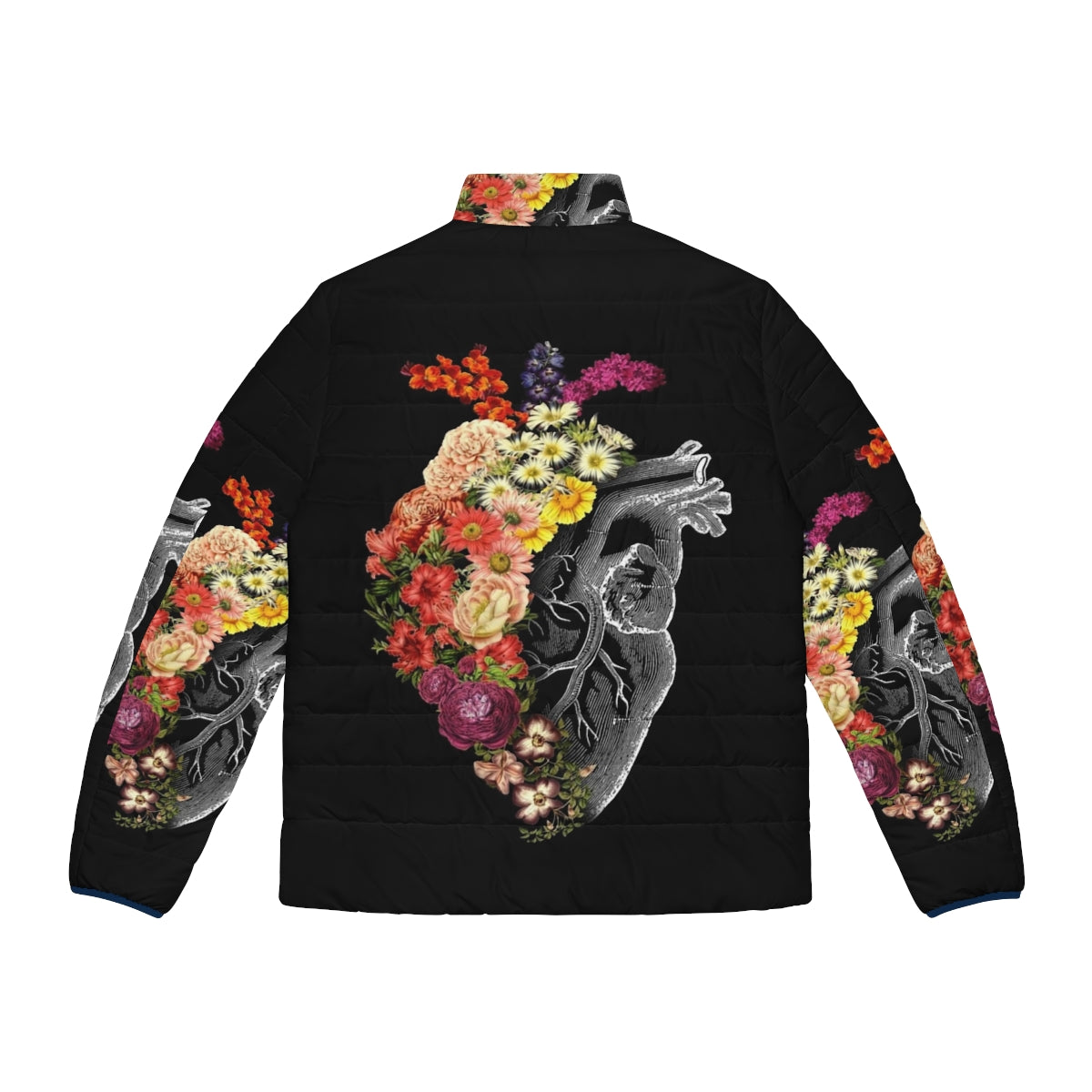 Flower Heart Puffer Jacket featuring a vintage-inspired floral and botanical anatomical heart design - Back