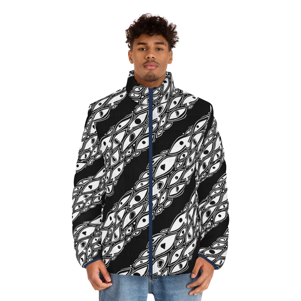 Puffer jacket with an unsettling eyes pattern design - perfect for Halloween and horror enthusiasts. - men front