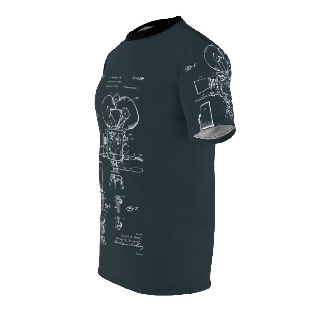 Vintage-style t-shirt featuring patent drawings of a movie camera from 1937. - men left