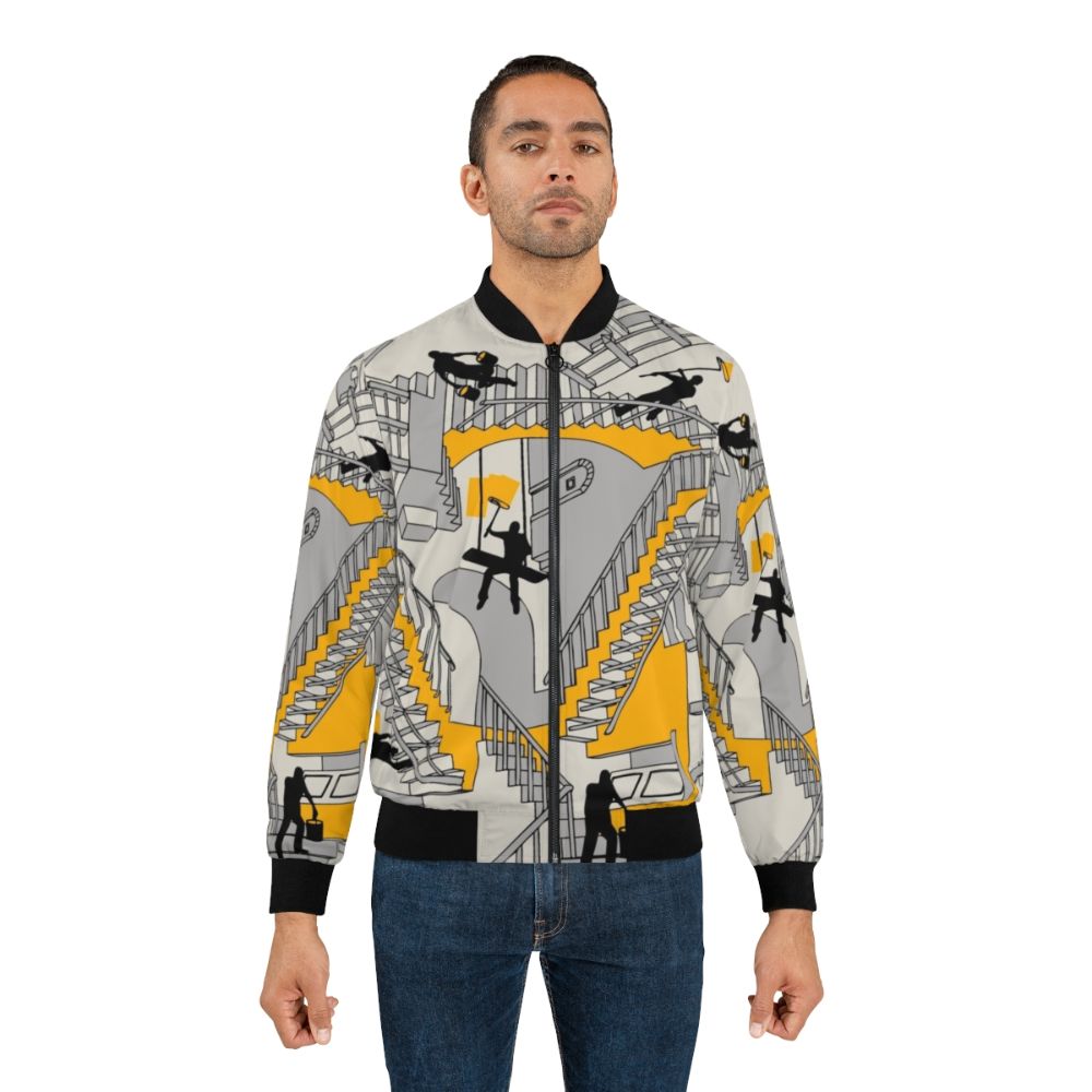 Geometric and architectural pattern bomber jacket with home improvement and construction elements - Lifestyle