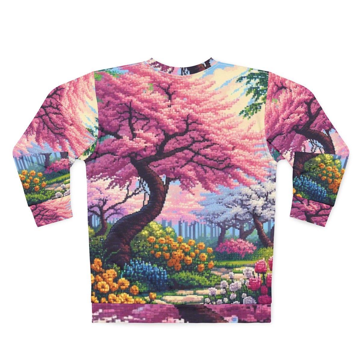 Japanese Cherry Tree Sweatshirt with Vibrant Floral Pixel Art Design - Back