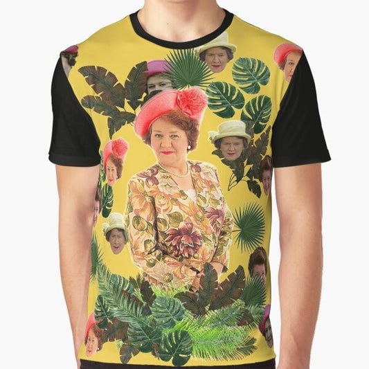 A graphic t-shirt featuring the iconic character Hyacinth Bucket from the British TV series "Keeping Up Appearances".