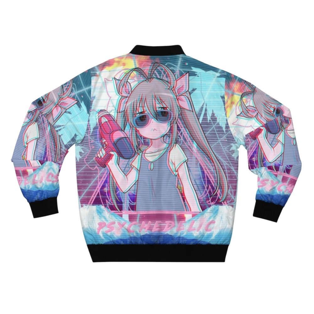 Psychedelic bomber jacket with anime-inspired design, featuring blue and pink colors, twin tails, and synthwave/vaporwave elements. - Back