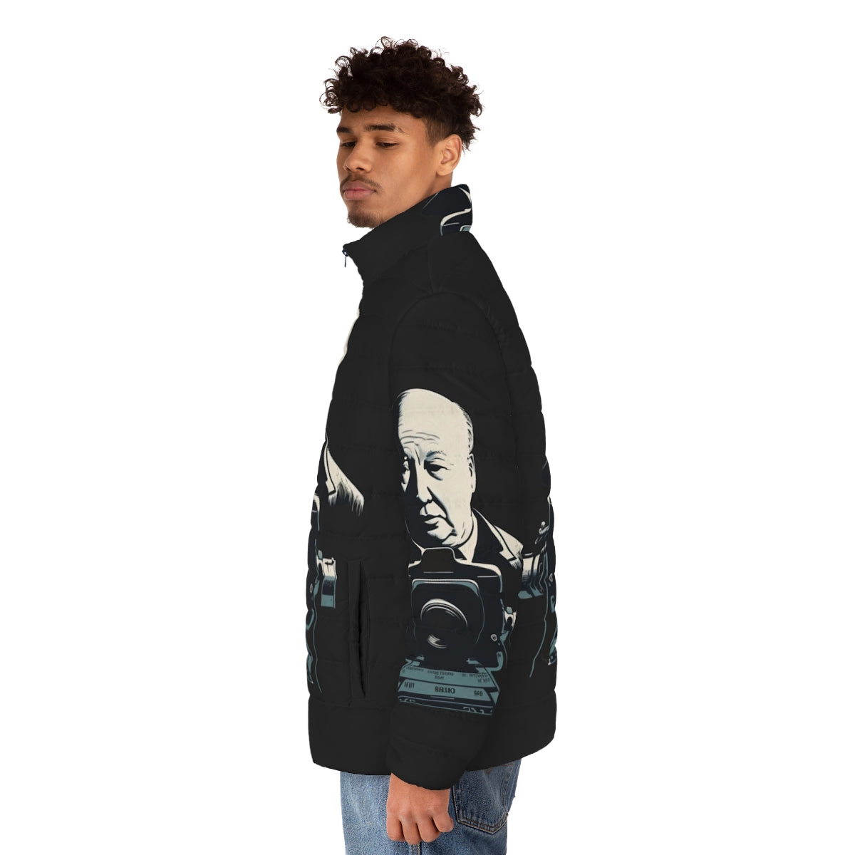 Alfred Hitchcock inspired men's puffer jacket with classic style - men side left